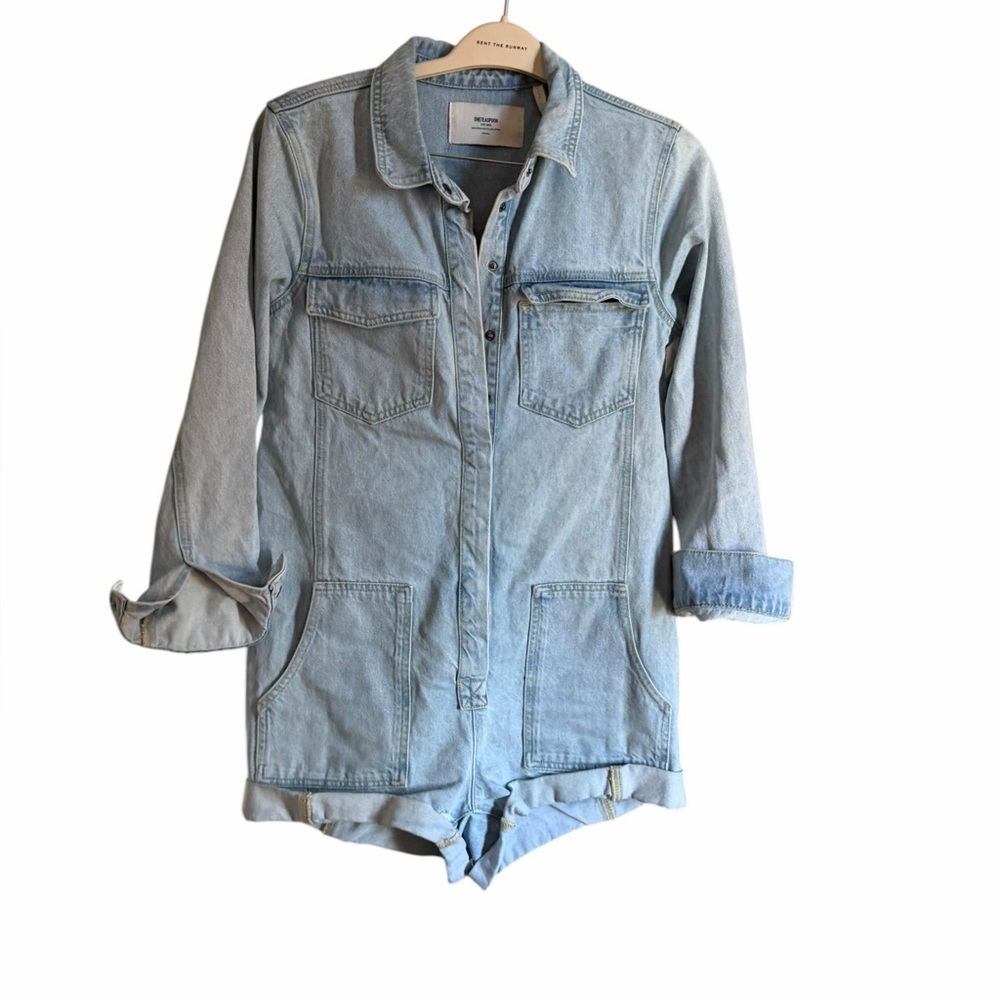 Women’s One Teaspoon Light Wash Denim Romper Pink Spray Paint Smiley Face XS - Picture 7 of 12